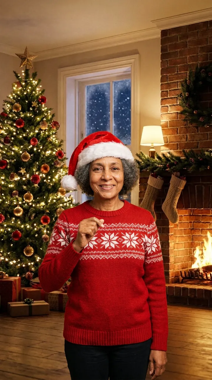 The first frame of an AI Christmas rap video: the performer from the photo stands in the living room in a Santa hat and a red Christmas sweater