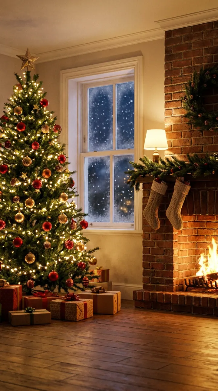 The empty Christmas stage: a living room with a lit Christmas tree, a brick fireplace with stockings and snow outside the window