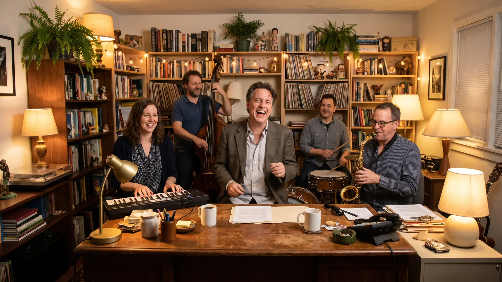 Tiny Desk AI meme style: a lead singer laughing behind an office desk with a keyboardist, a saxophone player and a band among bookshelves