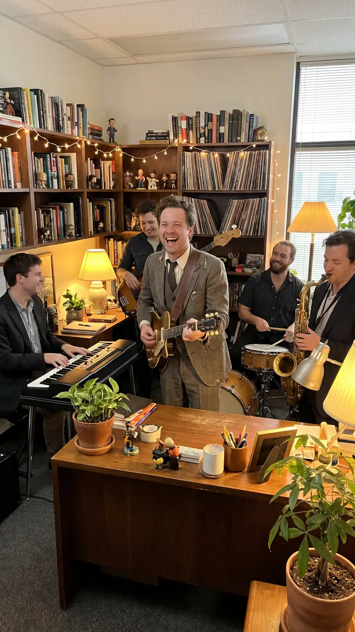 Vertical tiny desk AI video still with the lead singer in the center of a crowded desk concert